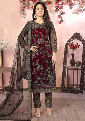 Maroon Embroidered Net Salwar Kameez