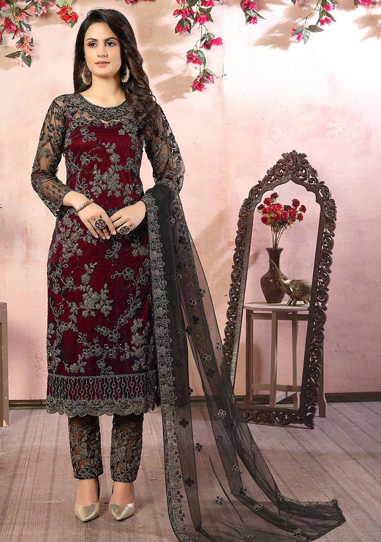 Maroon Embroidered Net Salwar Kameez - Indya