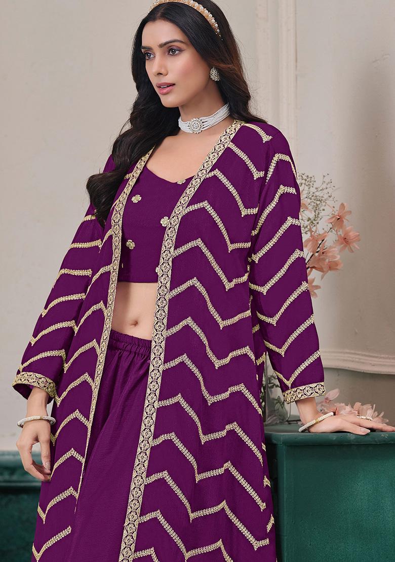 Purple Embroidered Chinon Salwar Kameez - Indya