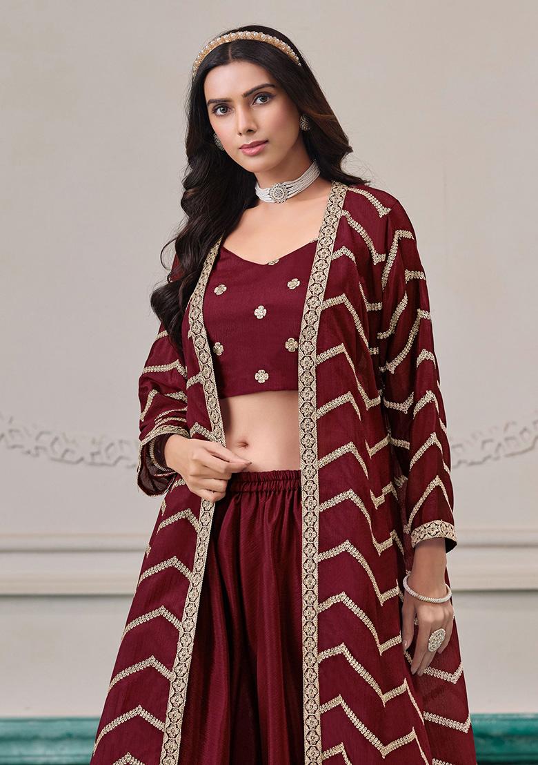 Maroon Embroidered Chinon Salwar Kameez - Indya