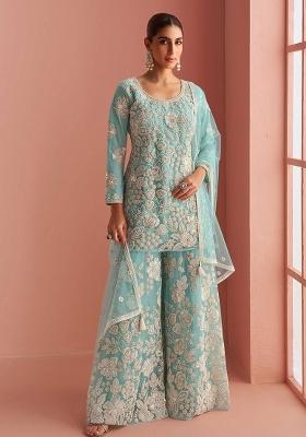 Blue Embroidered Net Salwar Kameez