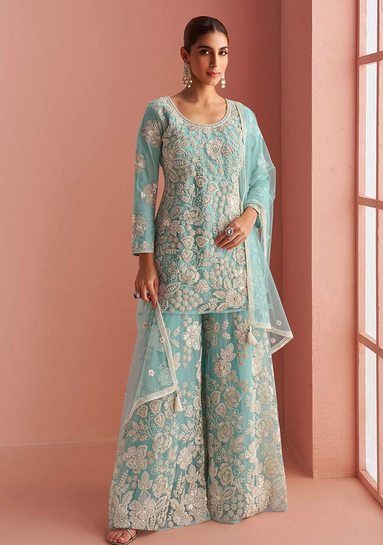 Blue Embroidered Net Salwar Kameez