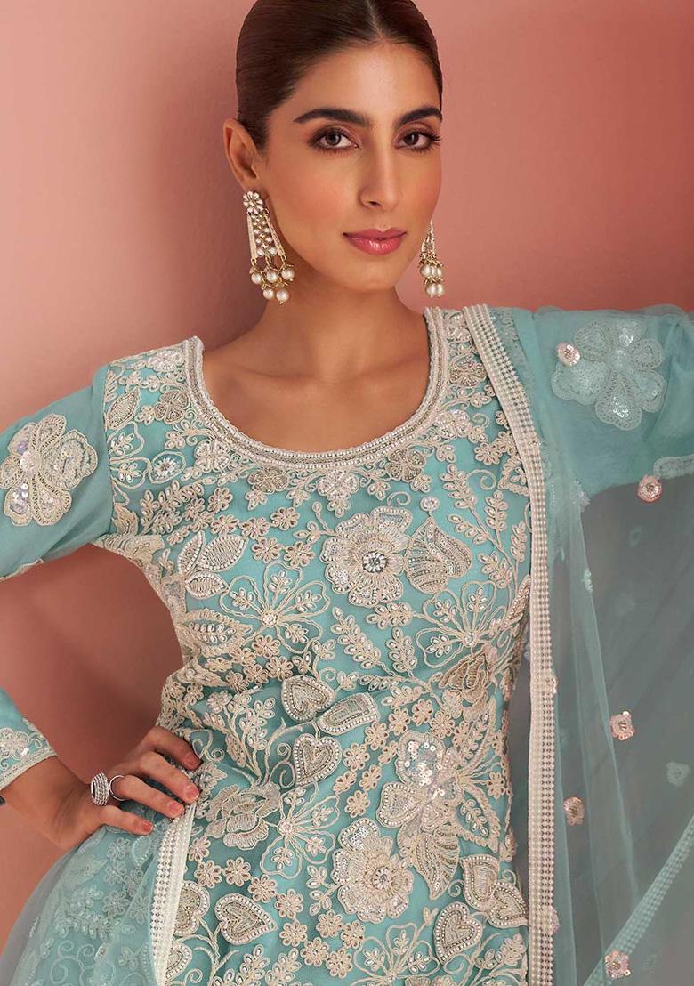 Blue Embroidered Net Salwar Kameez