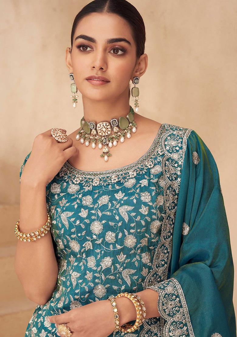 Blue Embroidered Simar Silk Salwar Kameez - Indya