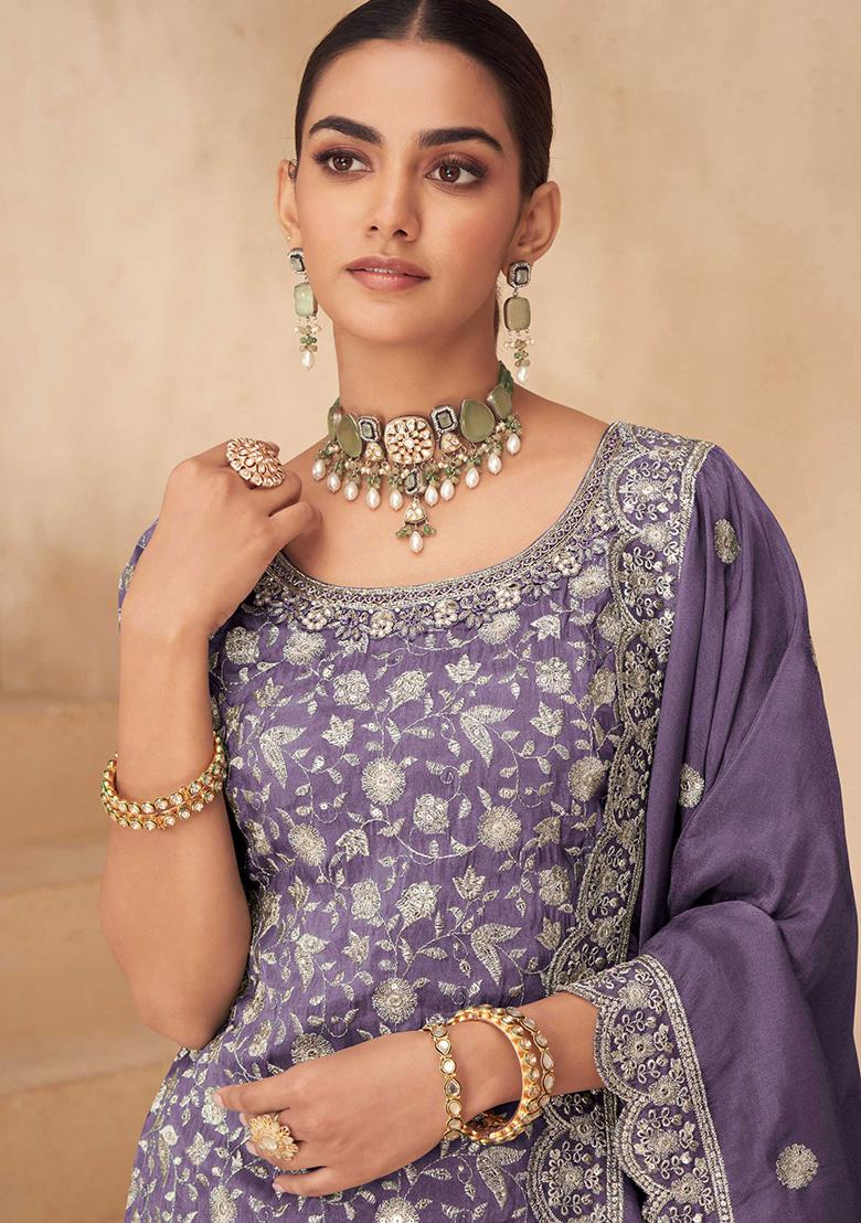 Lavender Embroidered Simar Silk Salwar Kameez - Indya