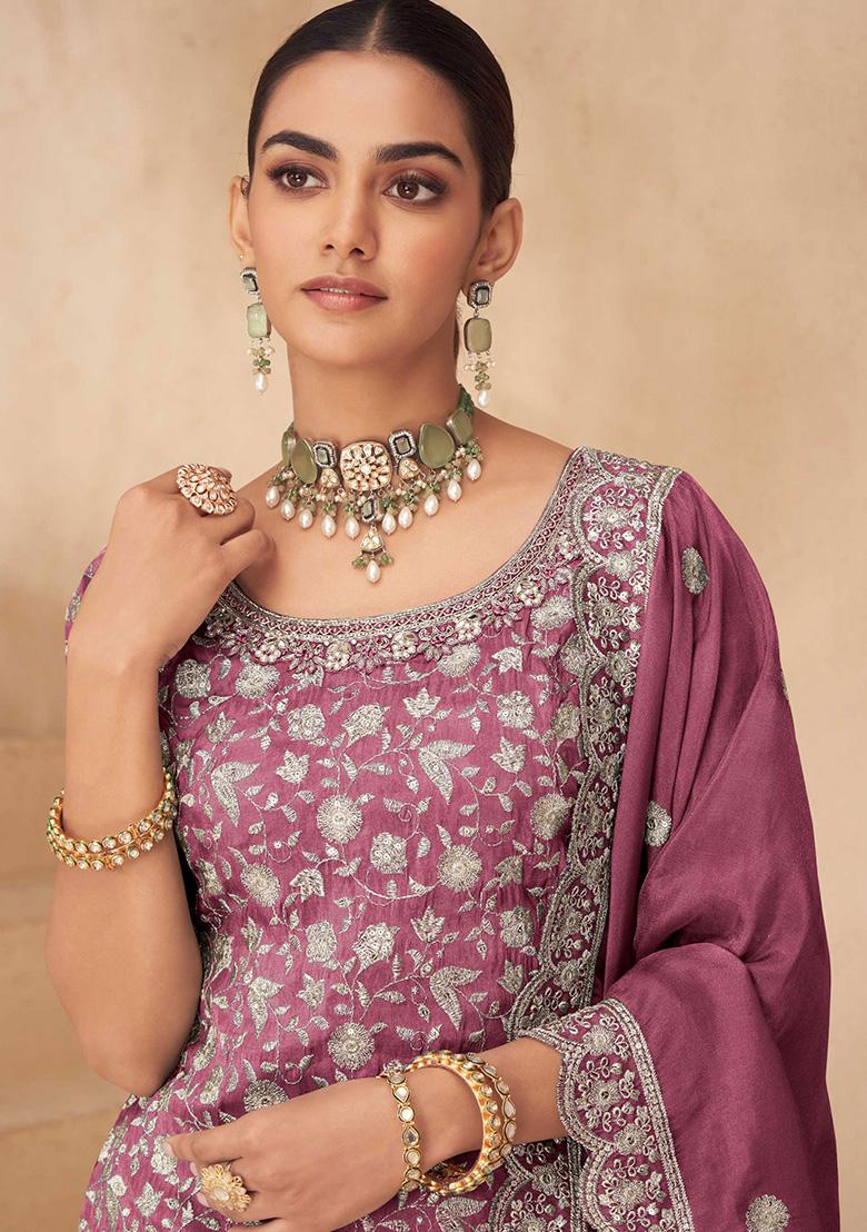 Pink Embroidered Simar Silk Salwar Kameez - Indya