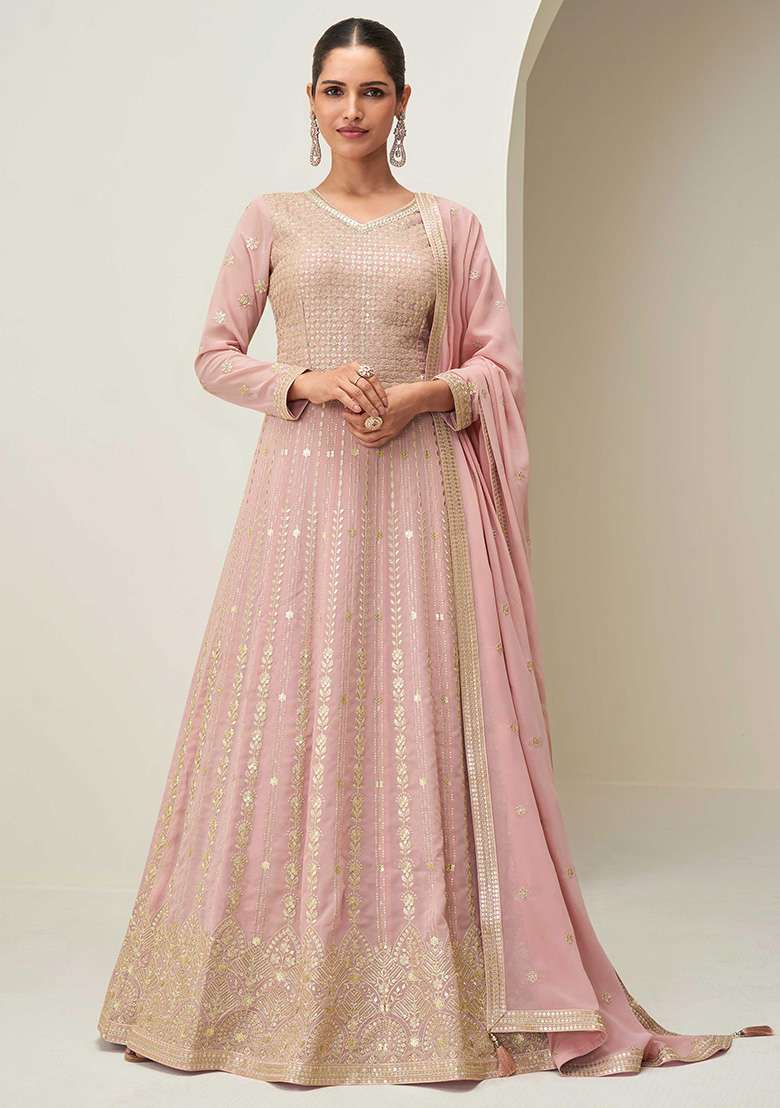 Pink Embroidered Georgette Anarkali Set - Indya