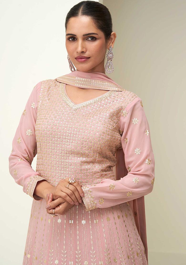 Pink Embroidered Georgette Salwar Kameez - Indya
