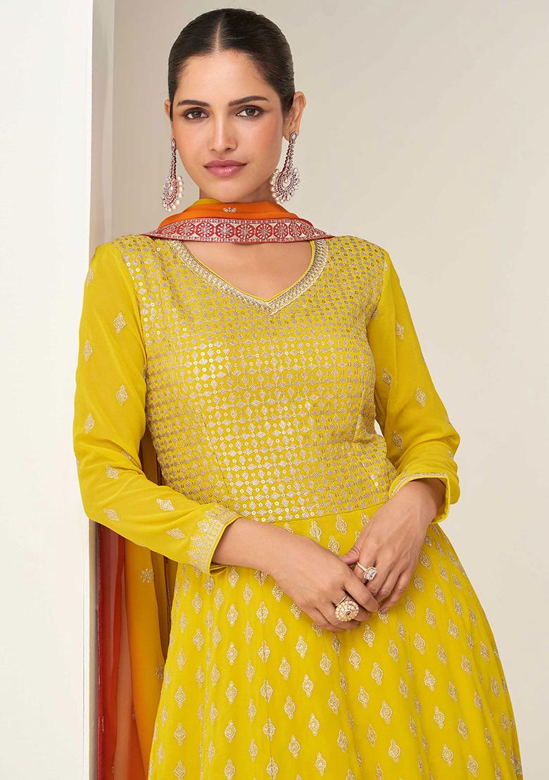 Mustard Embroidered Georgette Salwar Kameez - Indya