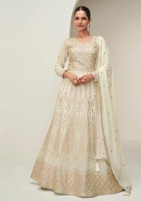 Off White Embroidered Georgette Salwar Kameez