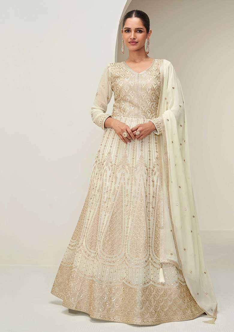Off White Embroidered Georgette Anarkali Set - Indya