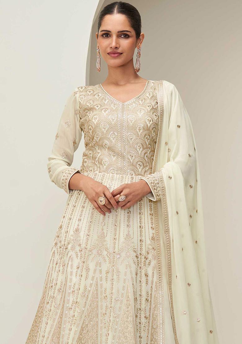 Off White Embroidered Georgette Salwar Kameez - Indya