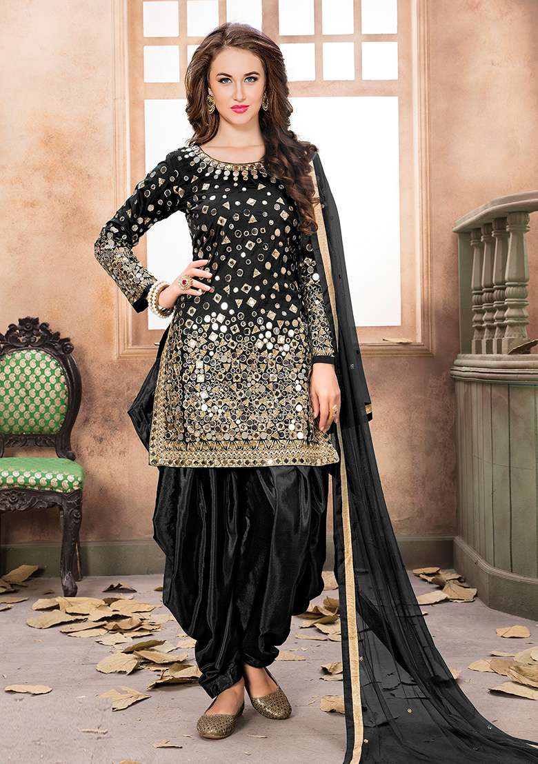 Black Mirror Work Silk Punjabi Suit - Indya