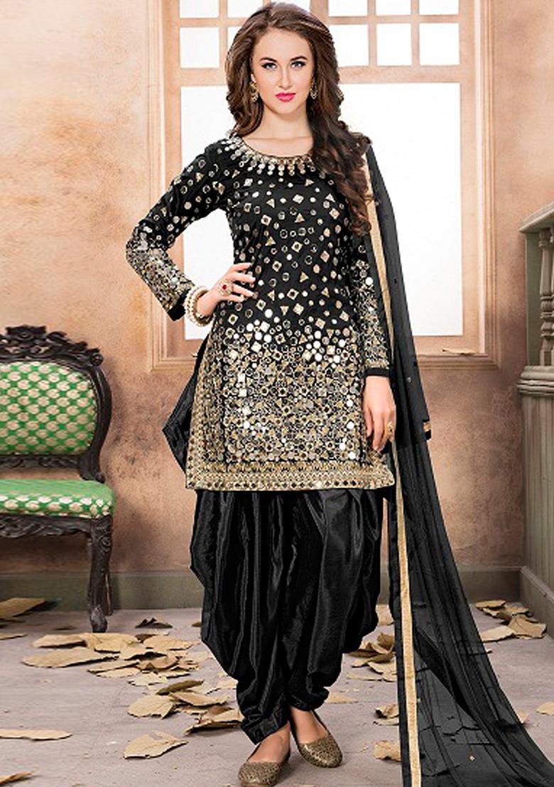 Black Embroidered Tafeta Silk Salwar Kameez - Indya