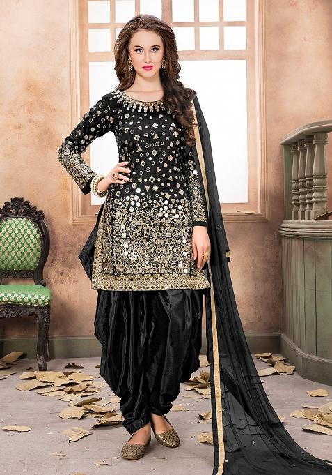 Black Mirror Work Silk Punjabi Suit — view on Indya