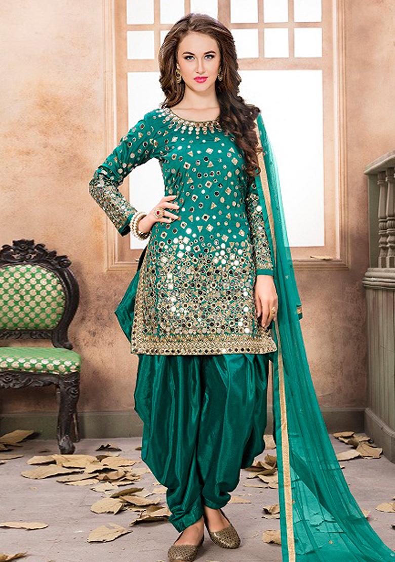 Turquoise Embroidered Tafeta Silk Salwar Kameez - Indya