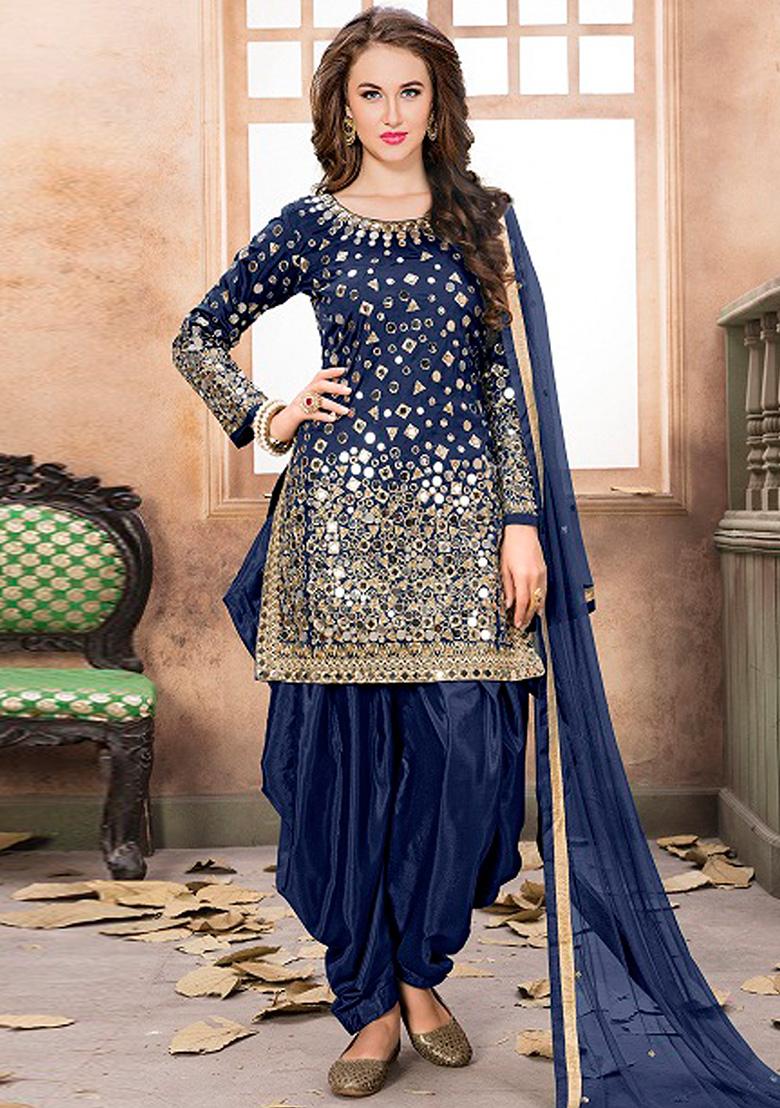 Blue Embroidered Tafeta Silk Salwar Kameez - Indya