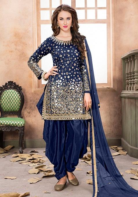 Blue Embroidered Silk Punjabi Suit — view on Indya