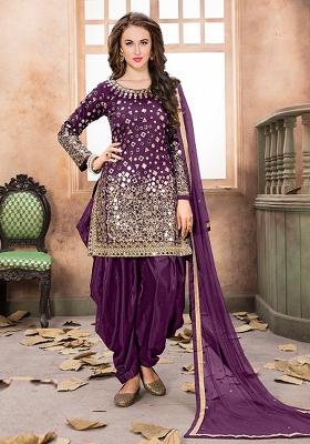 Purple Embroidered Tafeta Silk Salwar Kameez