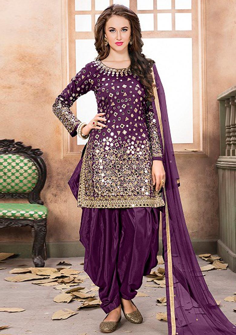Purple Embroidered Tafeta Silk Salwar Kameez - Indya