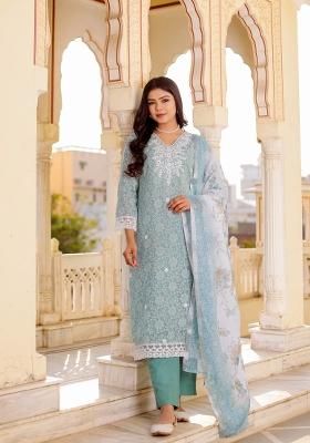 Blue Printed Linen Suit Set