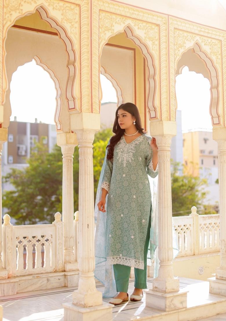 Blue Printed Linen Suit Set - Indya