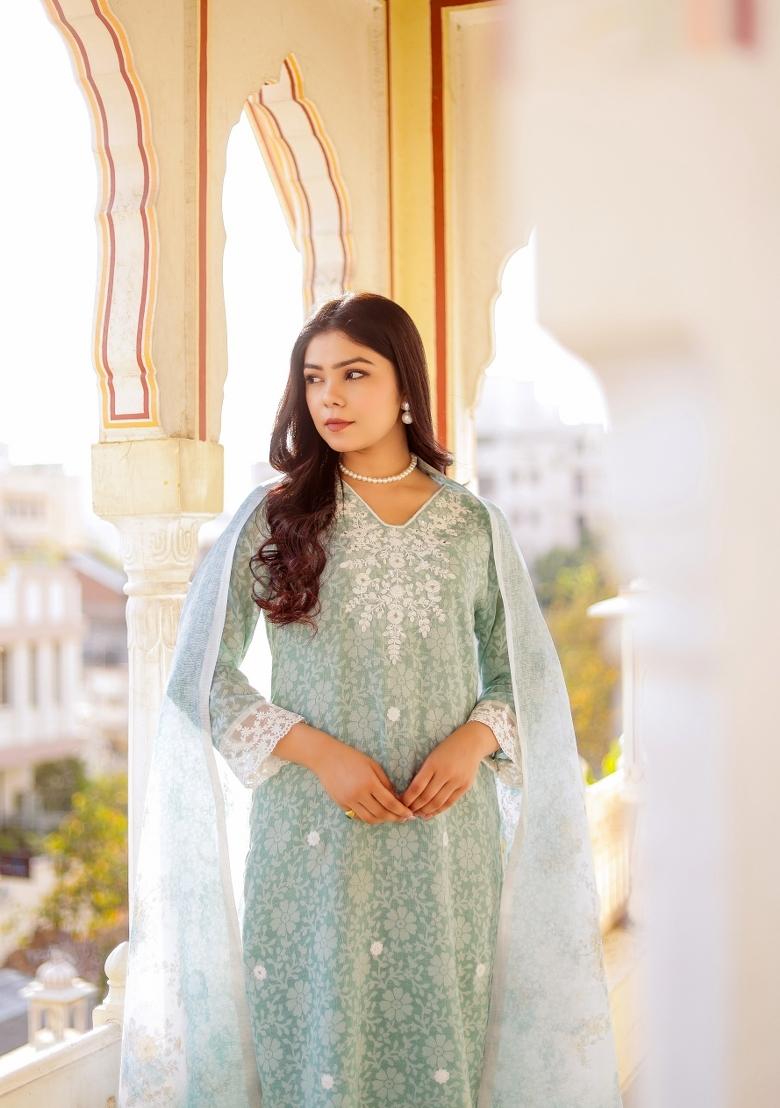 Blue Printed Linen Suit Set - Indya