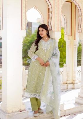 Green Printed Linen Suit Set