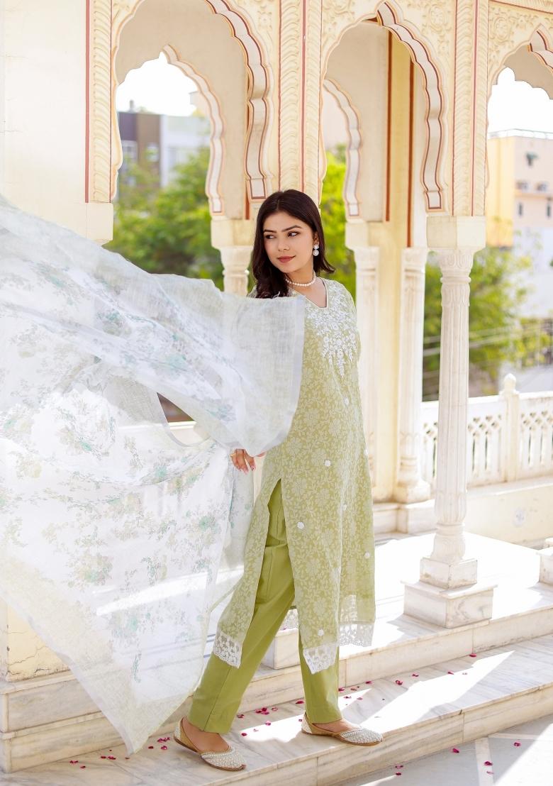 Green Printed Linen Suit Set - Indya