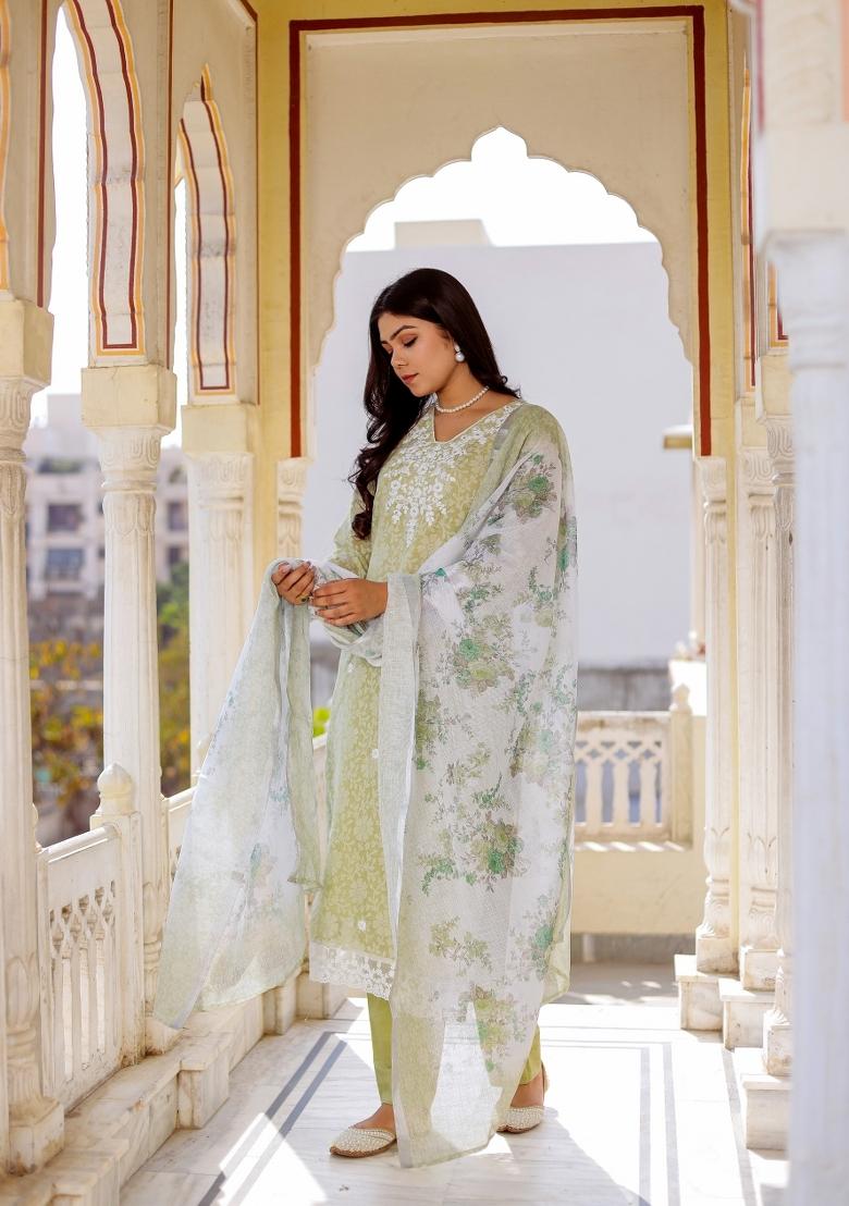 Green Printed Linen Suit Set - Indya
