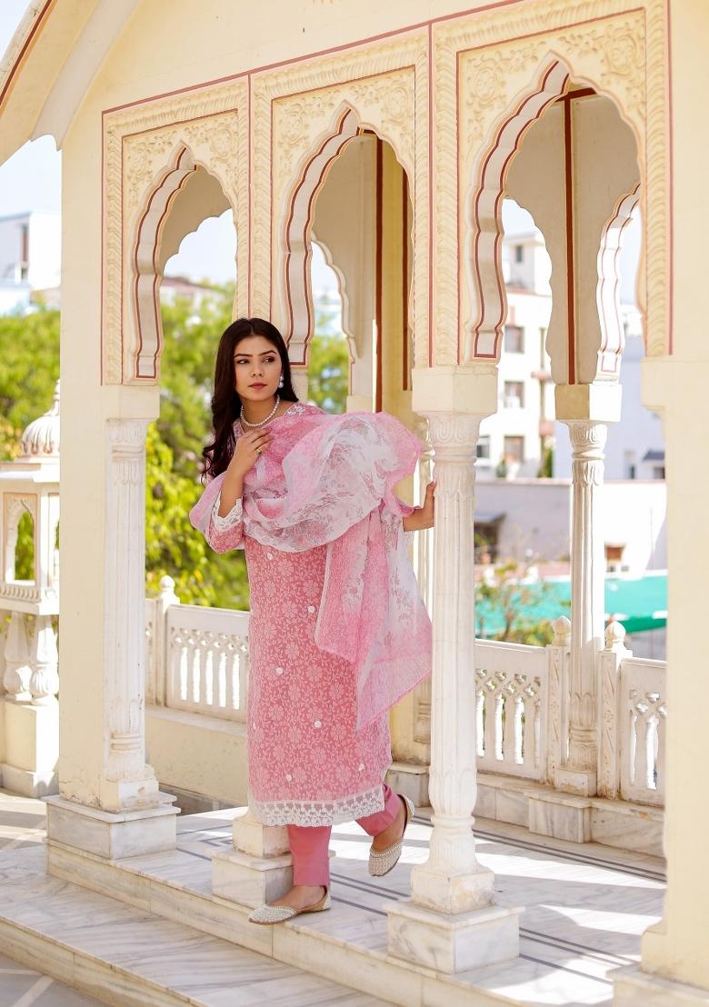 Pink Printed Linen Suit Set - Indya
