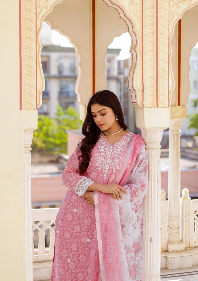 Pink Printed Linen Suit Set - Indya