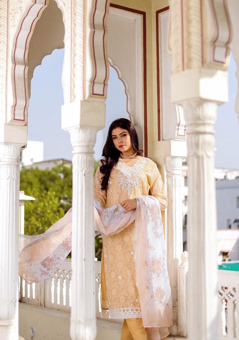 Peach Printed Linen Suit Set - Indya