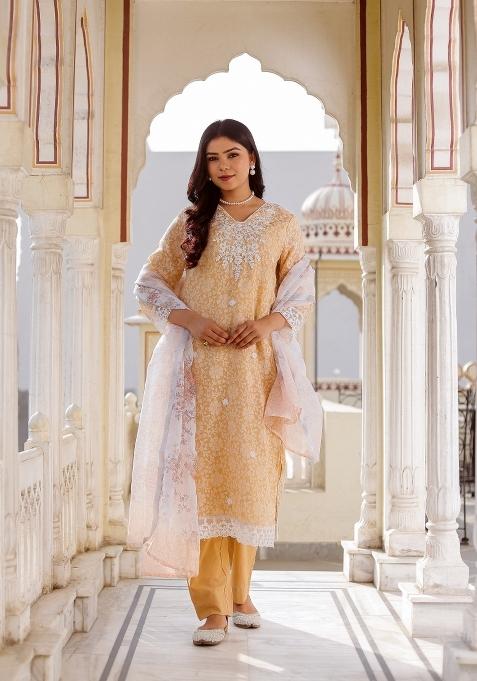 Peach Printed Linen Suit Set