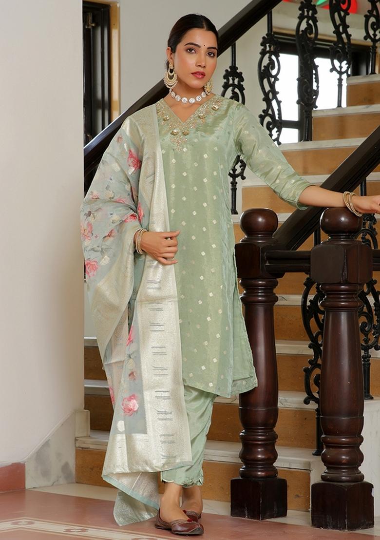 Blue Thread Work Tissue Brocade Suit Set