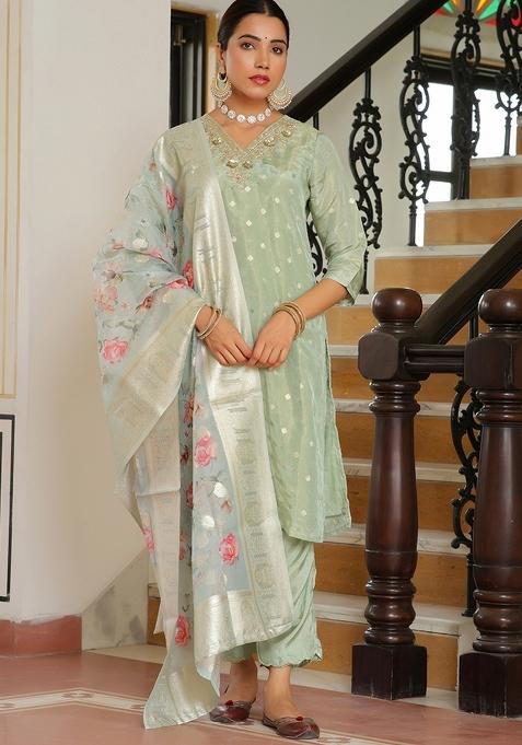 Blue Thread Work Tissue Brocade Suit Set