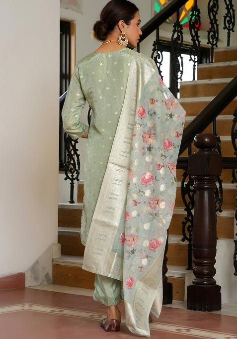 Blue Thread Work Tissue Brocade Suit Set