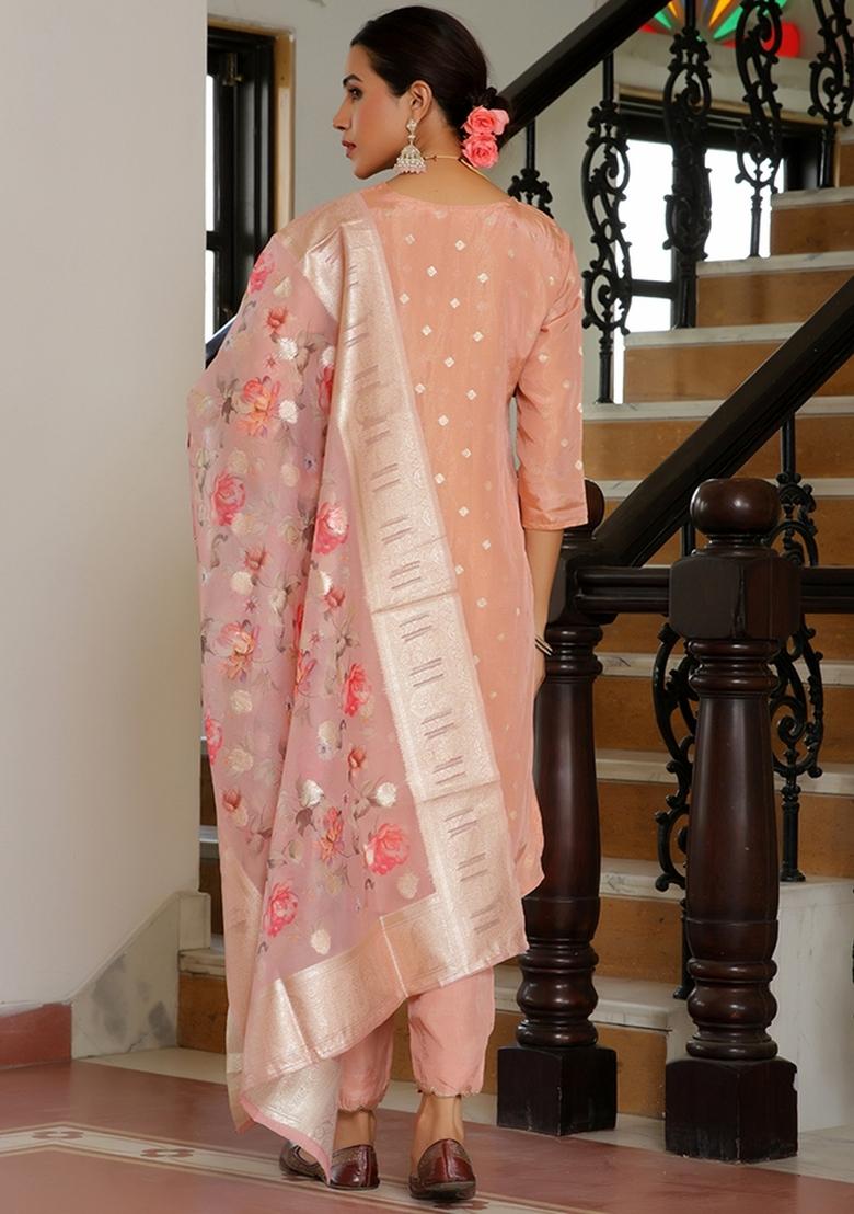Peach Thread Work Tissue Brocade Suit Set