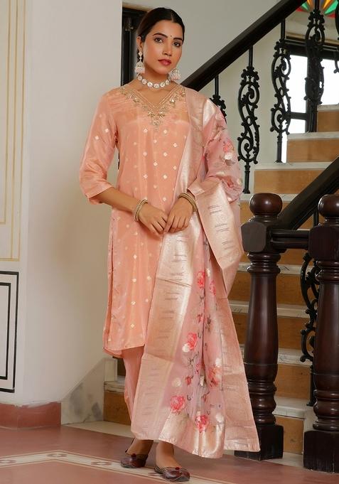 Peach Thread Work Tissue Brocade Suit Set