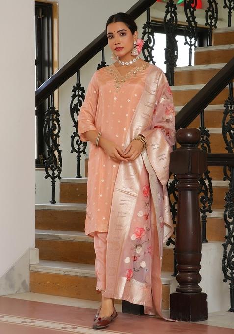 Peach Thread Work Tissue Brocade Suit Set