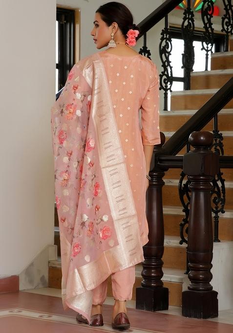 Peach Thread Work Tissue Brocade Suit Set