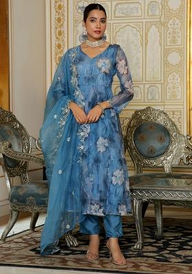 Blue Thread Work Organza Anarkali Set