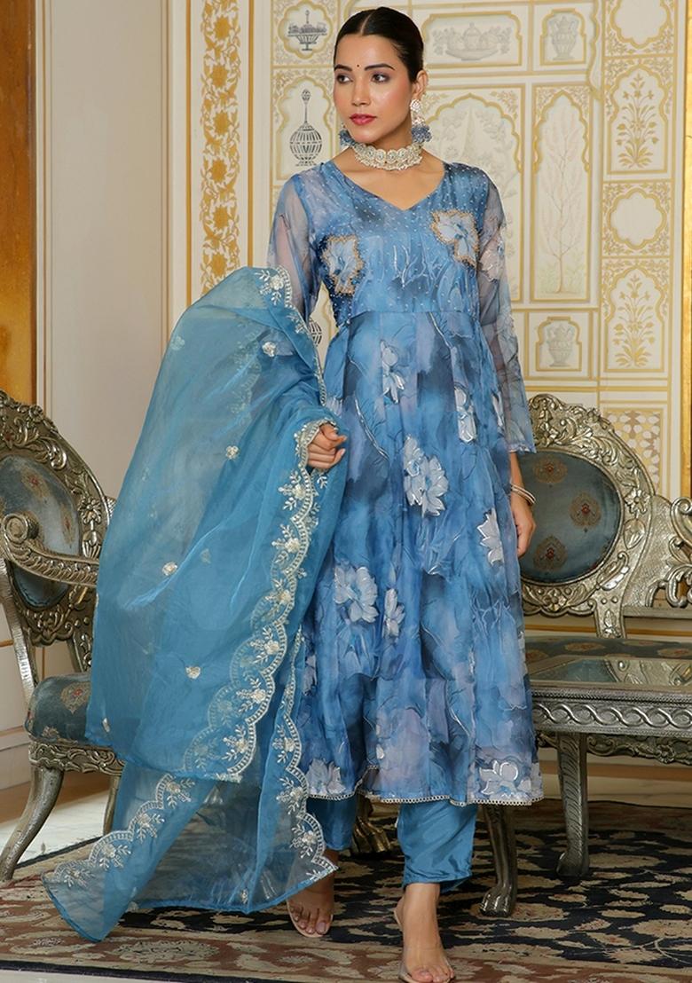 Blue Thread Work Organza Anarkali Set - Indya