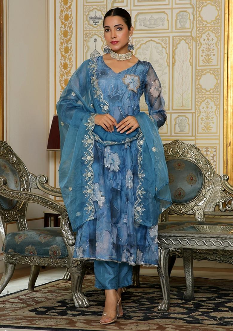 Blue Thread Work Organza Anarkali Set - Indya