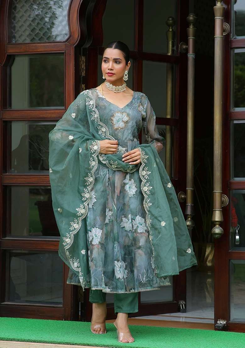Green Embroidered Organza A Line Kurta Set - Indya