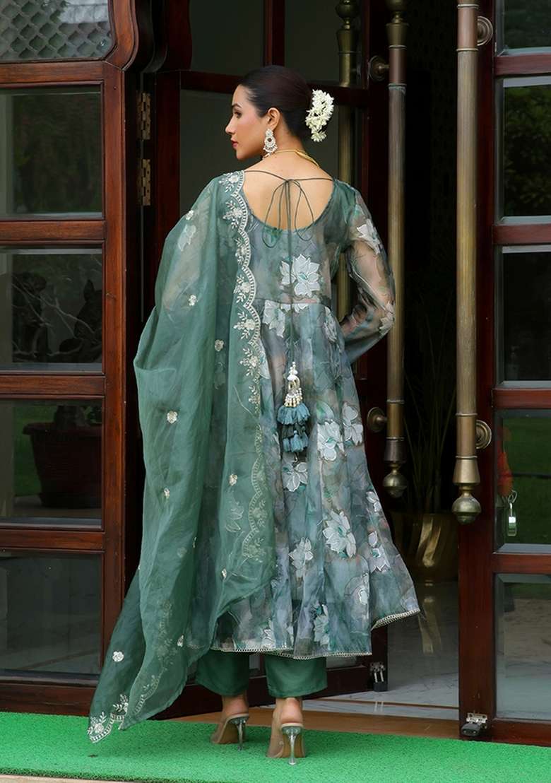 Green Embroidered Organza A Line Kurta Set - Indya