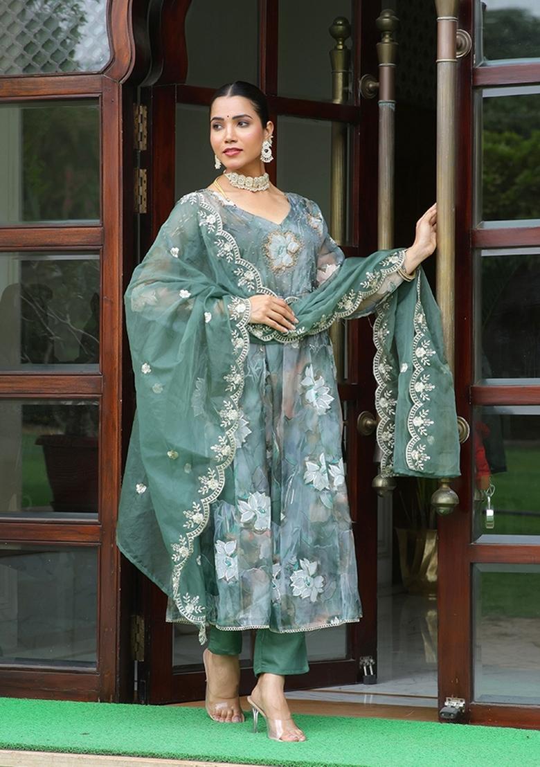 Green Thread Work Organza Anarkali Set - Indya