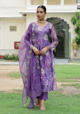 Purple Thread Work Organza Anarkali Set