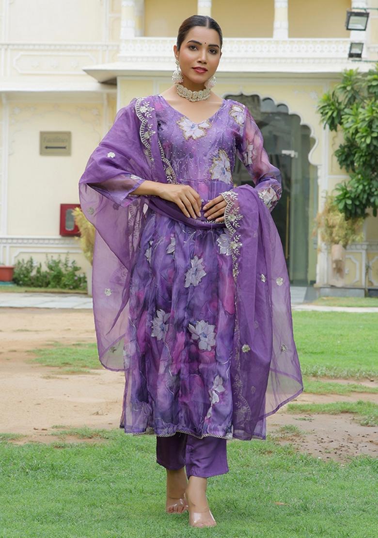 Purple Thread Work Organza Anarkali Set - Indya