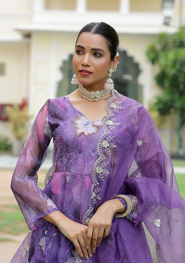 Purple Thread Work Organza Anarkali Set - Indya